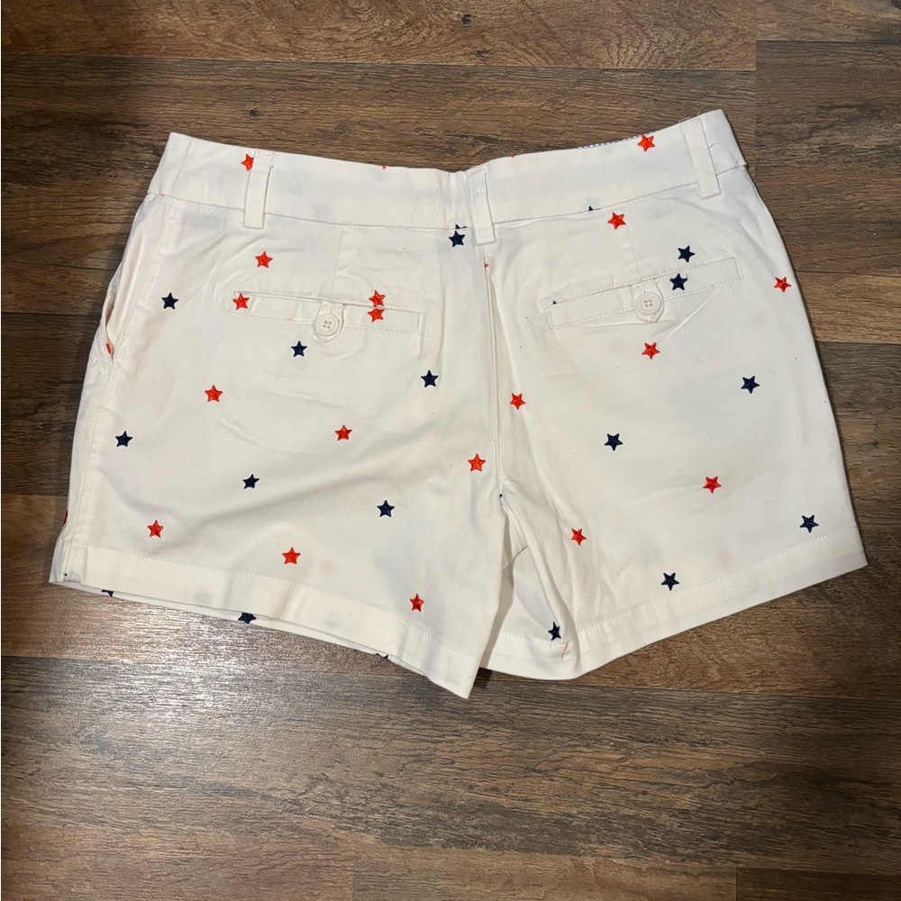 Women's White with Red and Blue Embroidered Stars Shorts. Size 2
